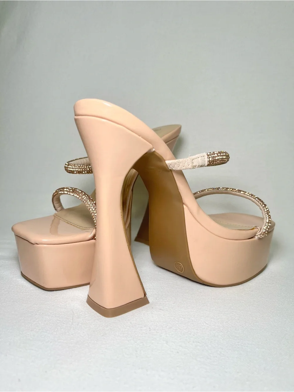 Nude Patent Platform Heels with Rhinestone Straps